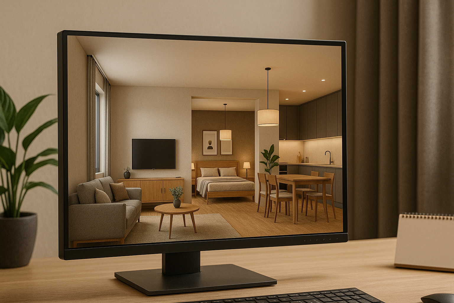 A computer monitor displaying a photorealistic 3D architectural rendering of a modern apartment, showcasing the design and planning services of Arna Constructions in Greater Noida.