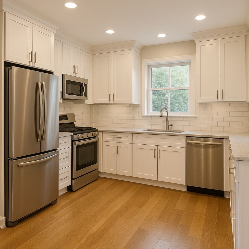 Newly renovated kitchen with white shaker-style cabinets, stainless steel refrigerator and oven, subway tile backsplash, undermount sink, and hardwood flooring—Aarna Renovation in Noida.