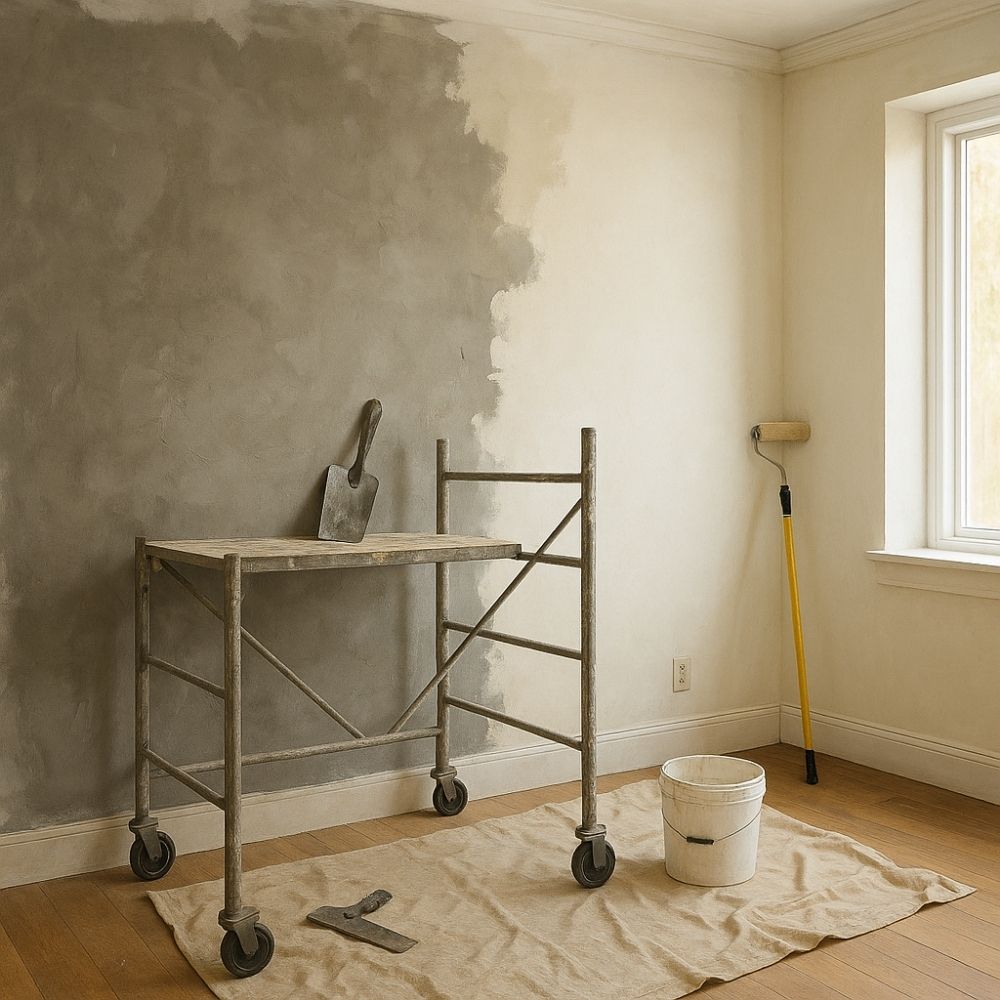 A room mid-renovation by Aarna Renovation in Noida showing a partially plastered wall, scaffolding, trowel, paint roller, and bucket.