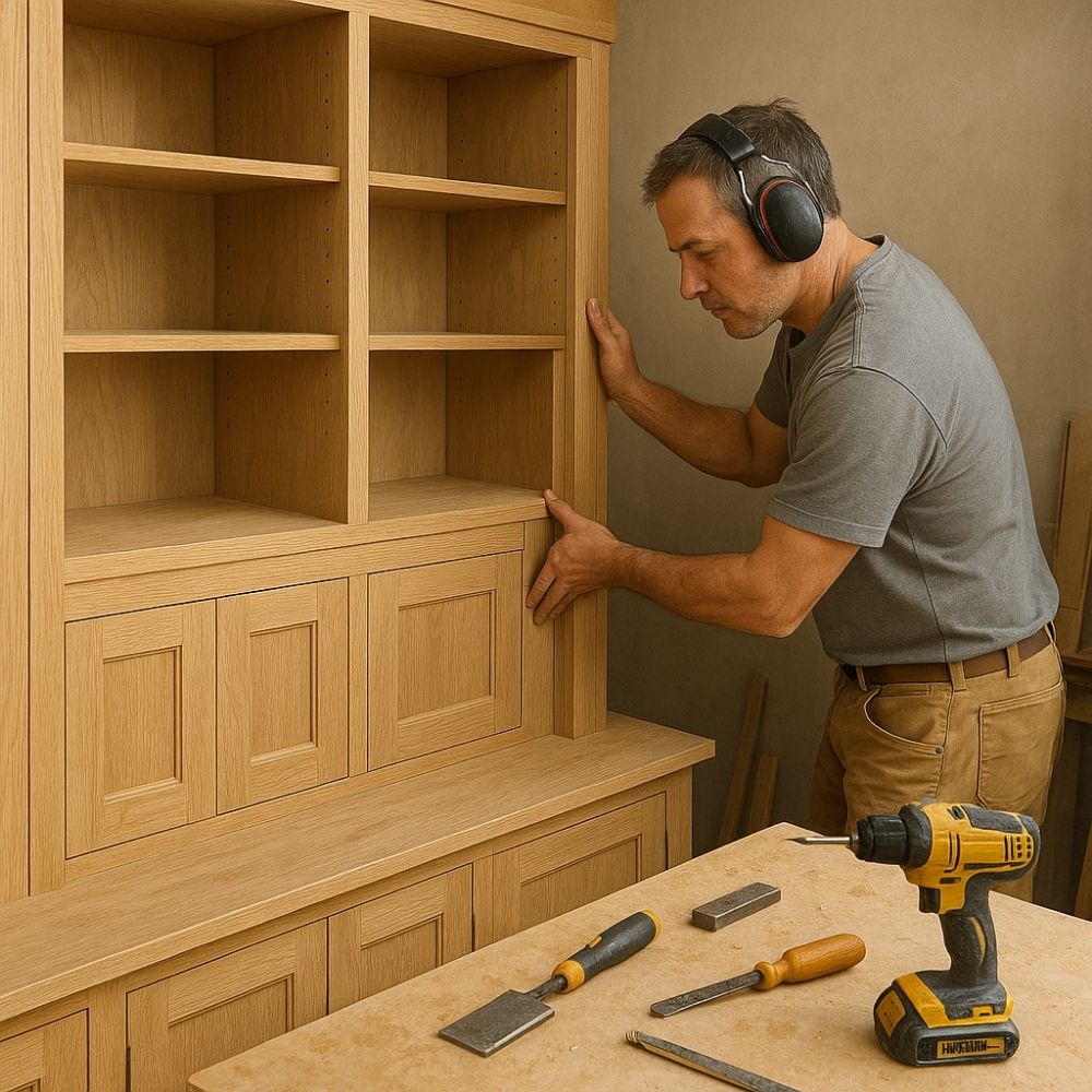 A carpenter from Aarna Renovation in Noida installs custom oak cabinets in a workshop, wearing protective earmuffs and surrounded by woodworking tools and sawdust.